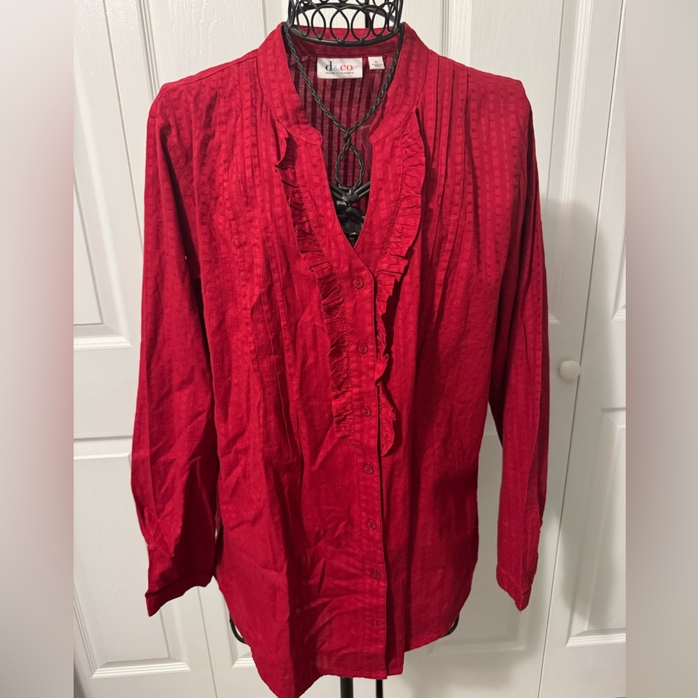 Denim&Co Red Long Sleeve Mandarin Collar Blouse